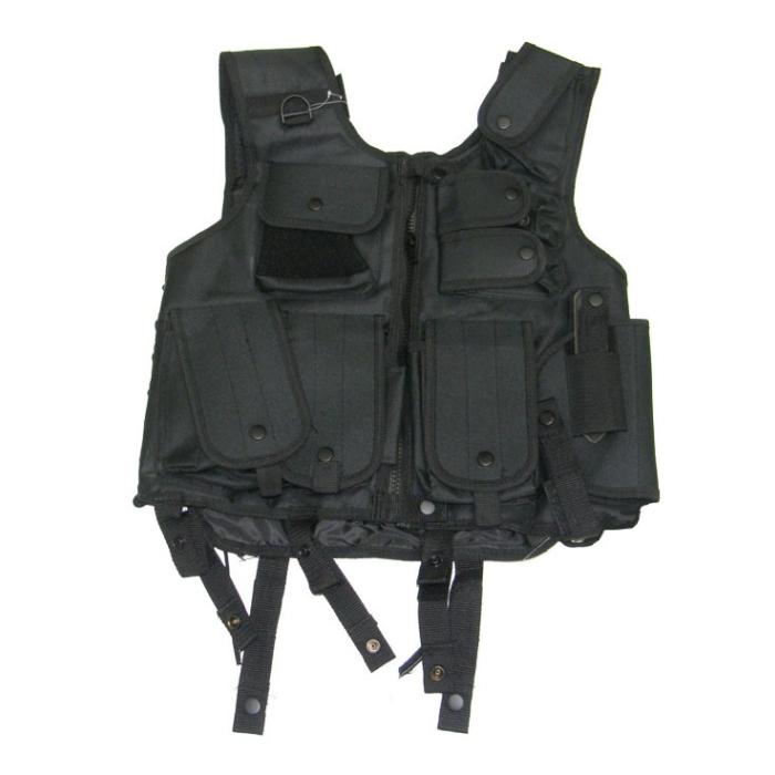 BLACK TACTICAL VEST WITH 7 POCKETS AND HOLSTER